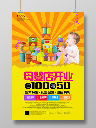 黄色背景盛大开业母婴店开业宣传海报